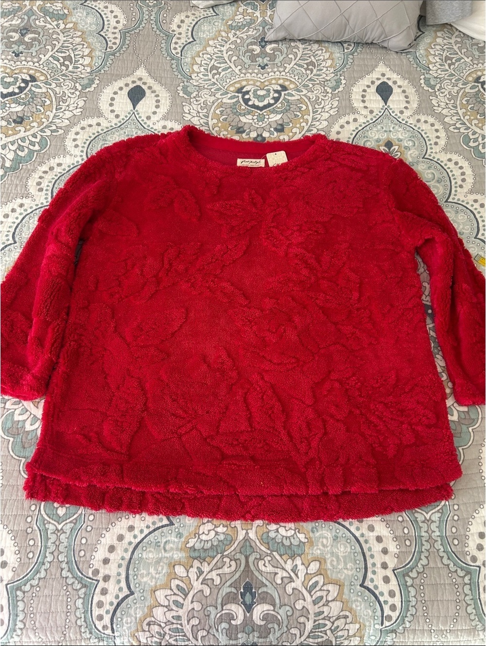 Free People Calla Sherpa Fuzzy Oversized Floral Pullover in Red NWT